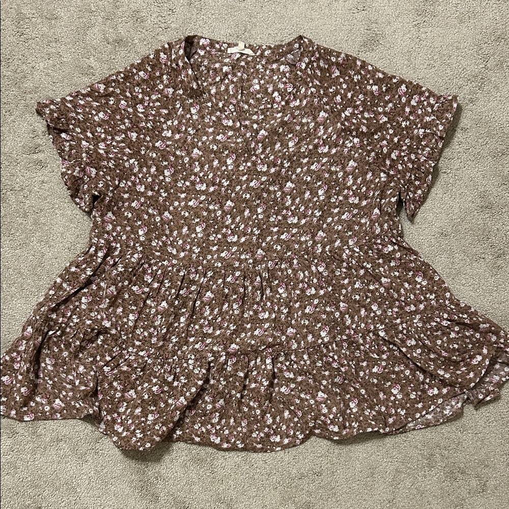 Maternity Floral Short-Sleeve Peplum Top - Brown/Pink
